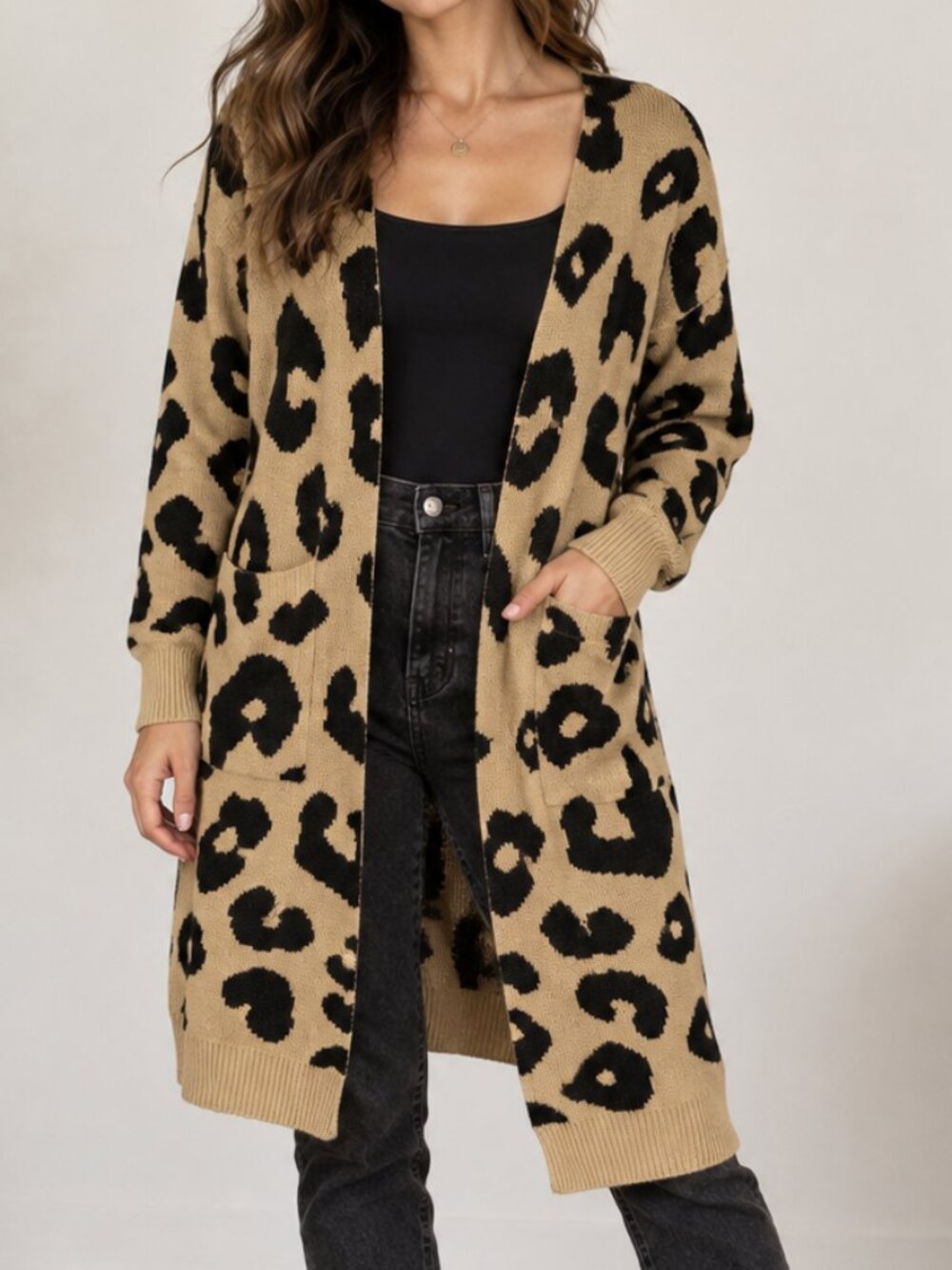 Leopard Print Longline Cardigan Duster Tan Black Women’s M